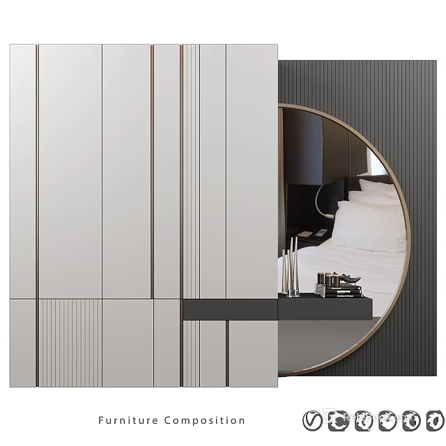 Modern Contemporary Interior Space With Round Mirror White Cabinet And Decorative Shelf 3d model 