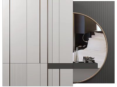 Modern Contemporary Interior Space With Round Mirror White Cabinet And Decorative Shelf 3d model