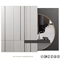 Modern Contemporary Interior Space With Round Mirror White Cabinet And Decorative Shelf