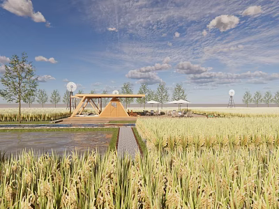 Rural Landscape With Golden Rice Fields Wooden Pavilion White Umbrellas Green Trees And Blue Sky 3d model