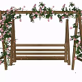 Wooden Swing Chair in Outdoor Garden with Pink Roses and Green Vines