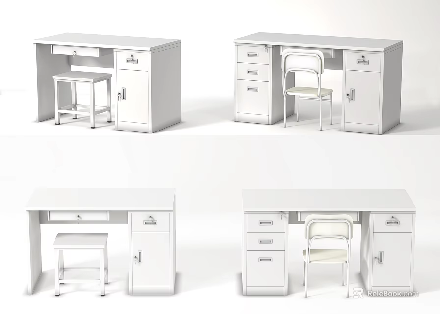 White Office Desks In Different Configurations With Drawers Cabinets And Chairs 3d model 