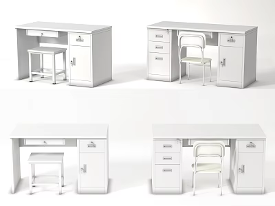 White Office Desks In Different Configurations With Drawers Cabinets And Chairs 3d model