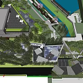 Contemporary Garden Landscape With Water Curtain Stone Flooring And Tall Trees