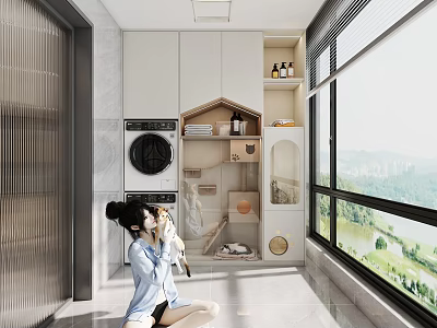 Woman Holding Cat In Bright Room With Washing Machine Shelves And Mountain View 3d model