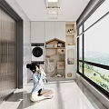 Woman Holding Cat In Bright Room With Washing Machine Shelves And Mountain View