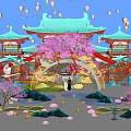 Chinese Traditional Landscape Sculpture Featuring Ancient Architecture Cherry Blossoms Cranes And Reflection