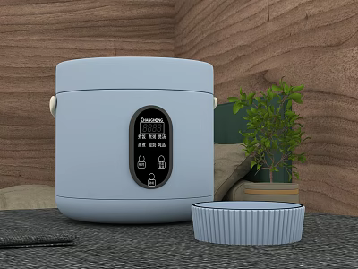 Light Blue Kitchen Rice Cooker With Digital Display Matching Bowl And Green Plant 3d model