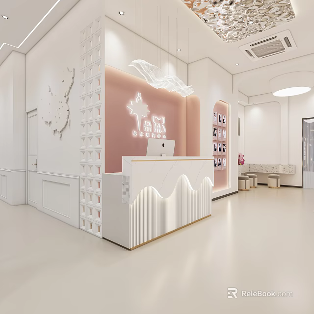 Modern Reception Desk Interior With Curved Counter Soft Lighting And Decorative Backdrop Wall 3d model 