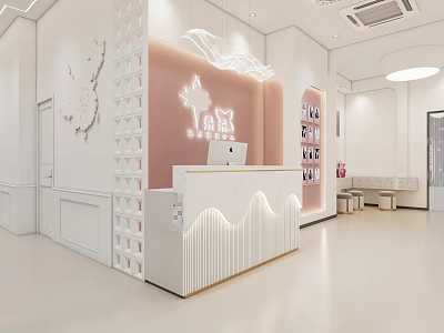 Modern Reception Desk Interior With Curved Counter Soft Lighting And Decorative Backdrop Wall 3d model