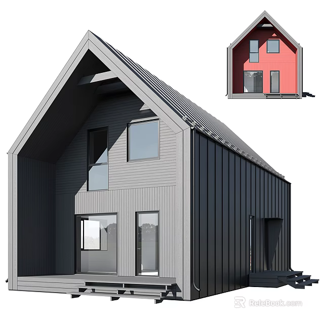 Cartoon Scene Modern House With Gabled Roof Large Windows And Red Small House Design 3d model 