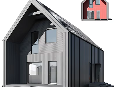 Cartoon Scene Modern House With Gabled Roof Large Windows And Red Small House Design 3d model