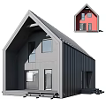 Cartoon Scene Modern House With Gabled Roof Large Windows And Red Small House Design