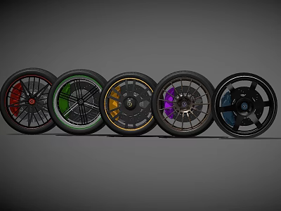 Colorful Alloy Wheels With Multi Colored Rims And Black Tires 3d model