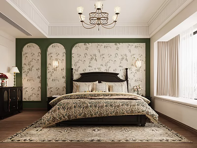 Elegant Bedroom Interior With Green Walls Floral Wallpaper Chandelier And Rug 3d model