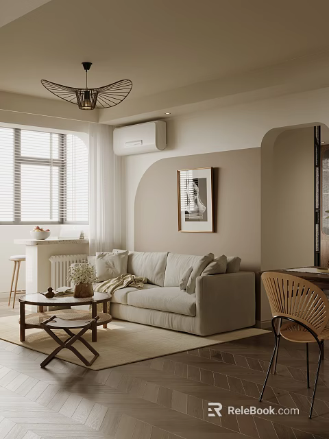 Modern Living and Dining Room Interior With Sofa Coffee Table Wicker Chair and Chandelier 3d model 