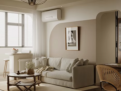 Modern Living and Dining Room Interior With Sofa Coffee Table Wicker Chair and Chandelier 3d model