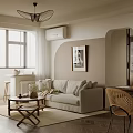 Modern Living and Dining Room Interior With Sofa Coffee Table Wicker Chair and Chandelier