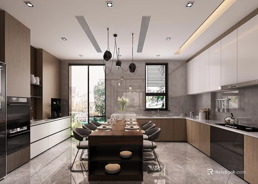Modern Kitchen Interior With Wooden Dining Table Island Cabinets Pendant Lights And Windows 3d model 