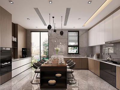 Modern Kitchen Interior With Wooden Dining Table Island Cabinets Pendant Lights And Windows 3d model