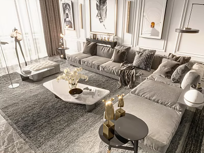 Elegant Modern Gray Sofa And White Coffee Table Set With Pillows Throw Blanket And Artwork 3d model