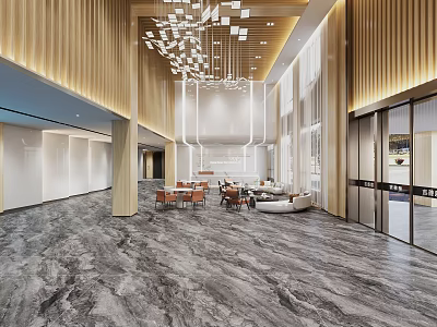 Modern Hotel Lobby Front Desk Reception with Elegant Chandelier Sofa and Marble Floor 3d model
