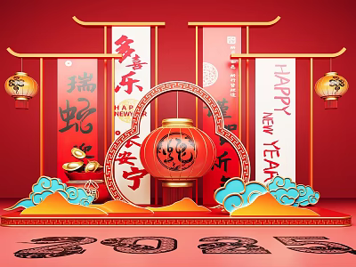 Chinese New Year Festive Decor With Red Lantern Cloud Motifs And Auspicious Snake Elements 3d model