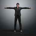 Man Standing With Arms Outstretched In Black Jacket Dark Pants And Shoes Against Grey Background 3d model