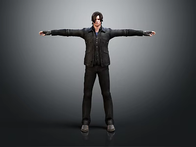 Man Standing With Arms Outstretched In Black Jacket Dark Pants And Shoes Against Grey Background 3d model