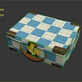 Decorative Vintage Box With Blue White Checkered Pattern Brown Edges Red Handle and Golden Lock