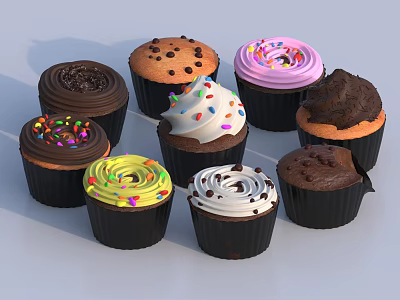 Assorted Cupcakes With Colorful Frosting Sprinkles Chocolate Chips And Cream Toppings 3d model