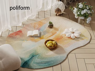 Round Carpet With Colorful Gradient Design Open Book Fruit Bowl And Cozy Interior 3d model