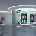 Luxurious SPA Sauna Interior With Circular Pool Marble Edge Blue Ceiling And Green Plants