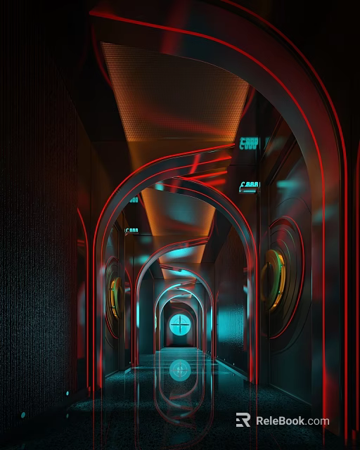 Modern KTV Corridor Interior With Bright Neon Lights And Archway Design 3d model 
