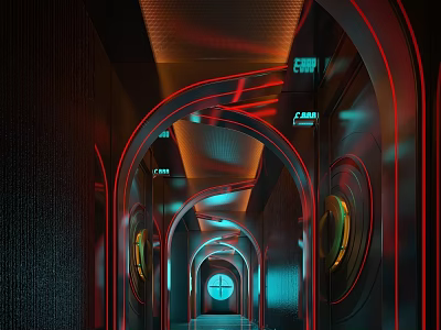Modern KTV Corridor Interior With Bright Neon Lights And Archway Design 3d model