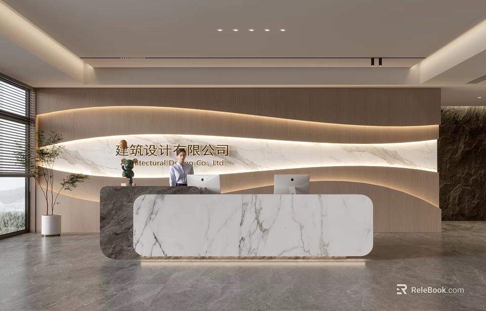 Elegant Luxury Marble Reception Desk With Soft Ambient Lighting For Modern Corporate Office Lobby 3d model 