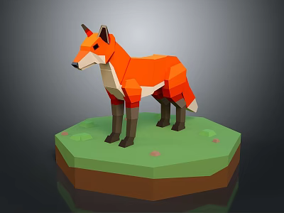 Low Poly Style Fox Game And Movie Character Standing On Green Platform With Grass Details 3d model