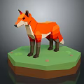 Low Poly Style Fox Game And Movie Character Standing On Green Platform With Grass Details