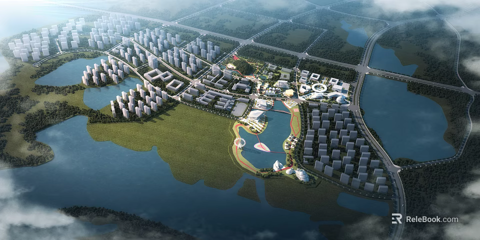 Detailed Birds Eye View Planning with Residential Buildings Waterfront Green Spaces and Roads 3d model 