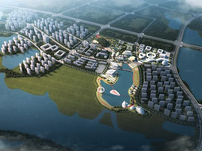 Detailed Birds Eye View Planning with Residential Buildings Waterfront Green Spaces and Roads 3d model