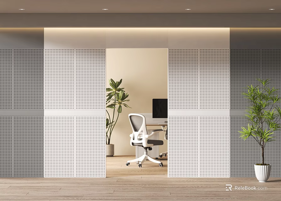 Modern Office Interior With White Perforated Partition Opening Desk Chair Green Plants And Wooden Floor 3d model 