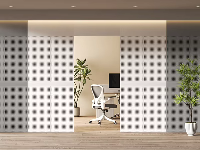 Modern Office Interior With White Perforated Partition Opening Desk Chair Green Plants And Wooden Floor 3d model