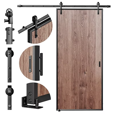 Wooden Barn Door Sliding Track System With Hardware Components And Installation Parts 3d model