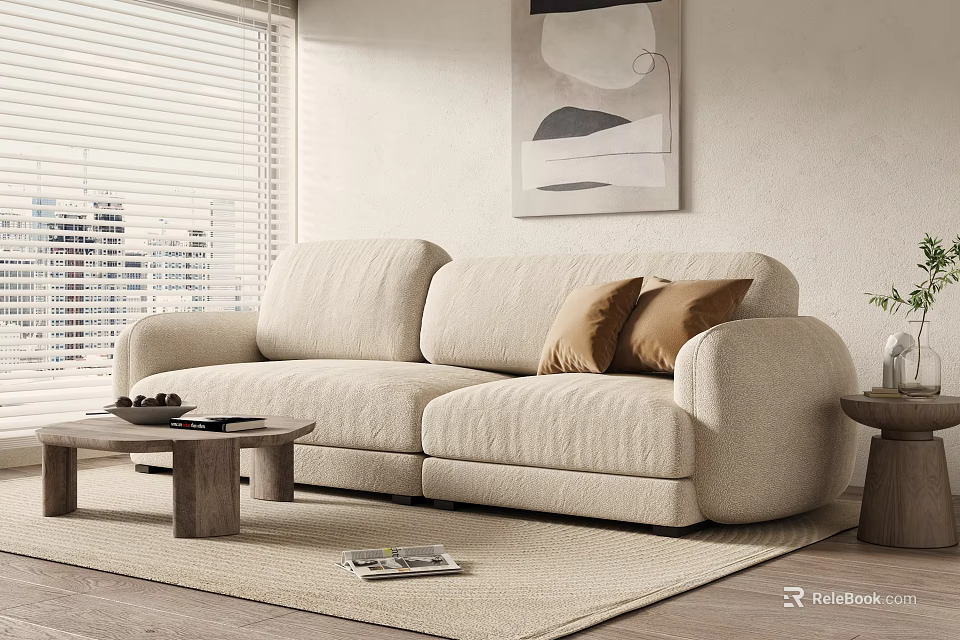 Beige Multi Seater Sofa With Brown Cushions Wooden Coffee Table Area Rug And Abstract Painting 3d model 