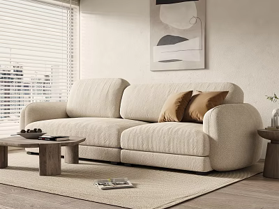 Beige Multi Seater Sofa With Brown Cushions Wooden Coffee Table Area Rug And Abstract Painting 3d model