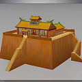 Traditional Chinese Architectural Design Featuring Orange Walls Yellow Roof Green Eaves And Steps