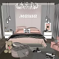 Kids Room Interior With Pink Headboard Stuffed Toys Crystal Chandelier And Pink Bean Bag Chair