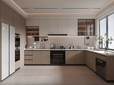 Modern Kitchen Interior With Island Countertop Wooden Cabinets And Stainless Steel Appliances 3d model