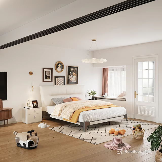 Cozy Bedroom Interior With Double Bed Decorative Paintings Round Mirror And Wooden Floor 3d model 