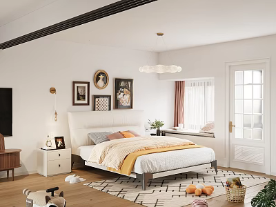 Cozy Bedroom Interior With Double Bed Decorative Paintings Round Mirror And Wooden Floor 3d model